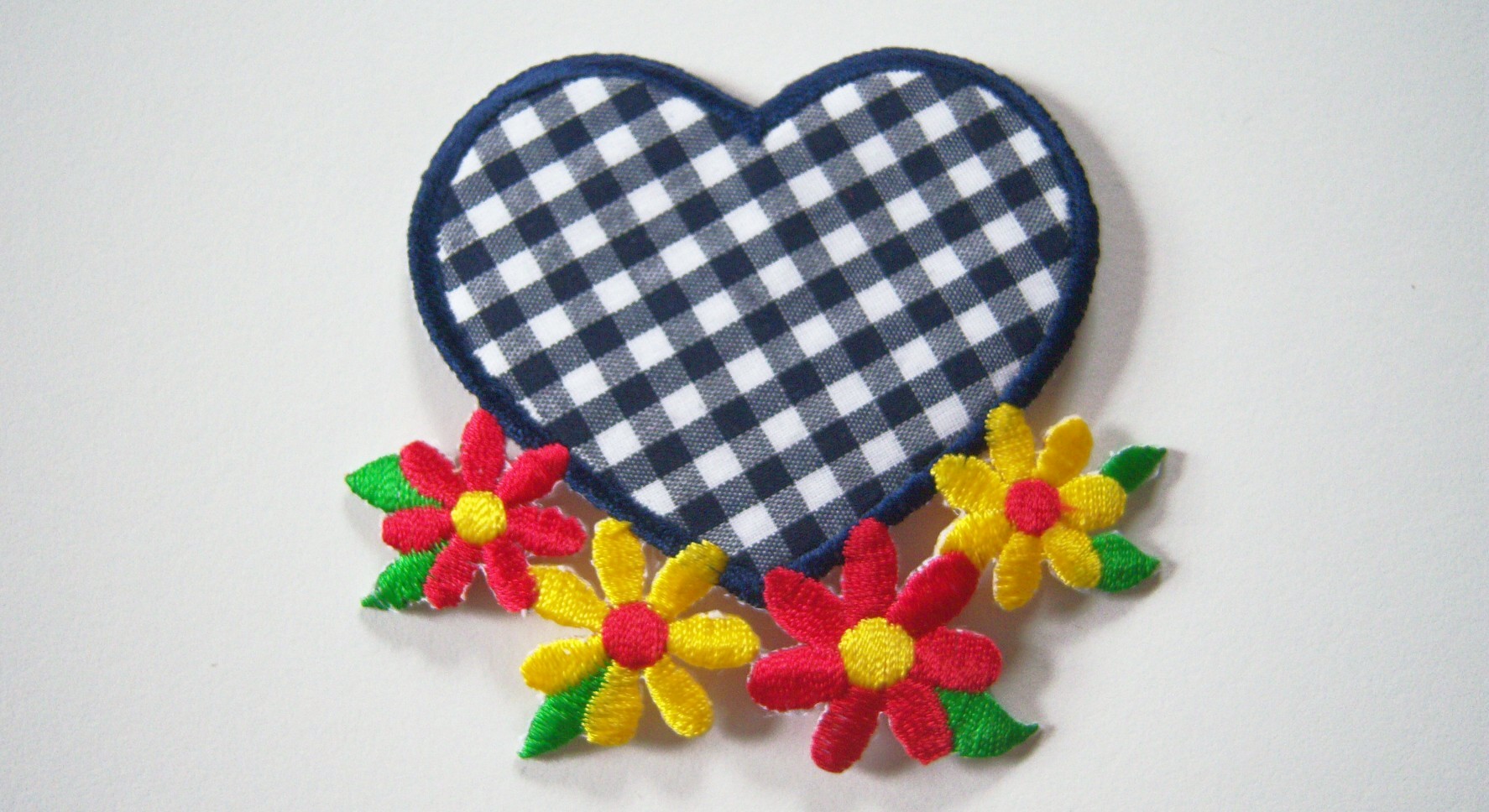 Navy Gingham/Flowers Heart Iron On