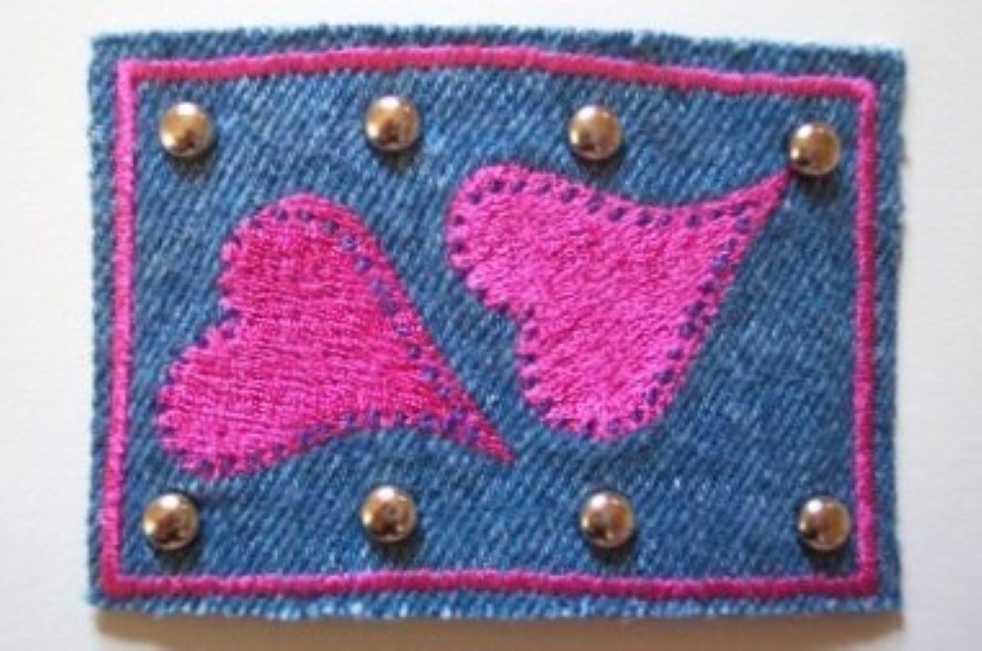 Denim Brads/Pink Hearts Iron On