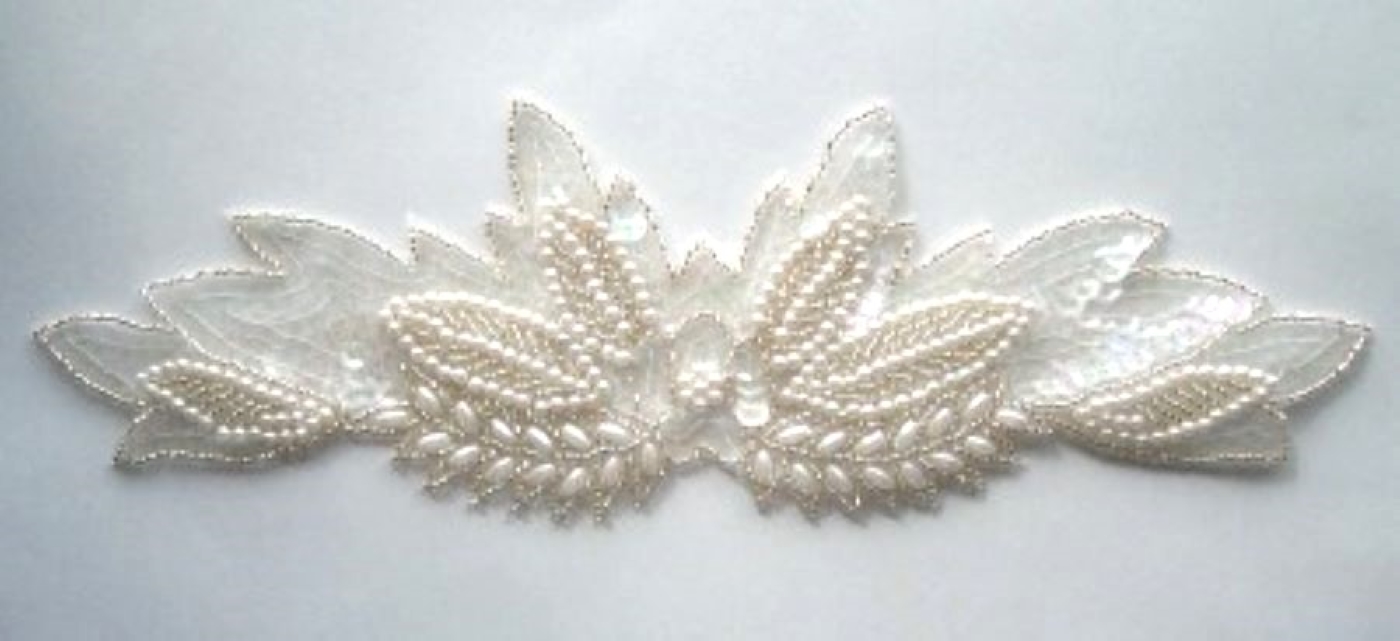 White Iridescent Sequin/Champagne Pearls Applique