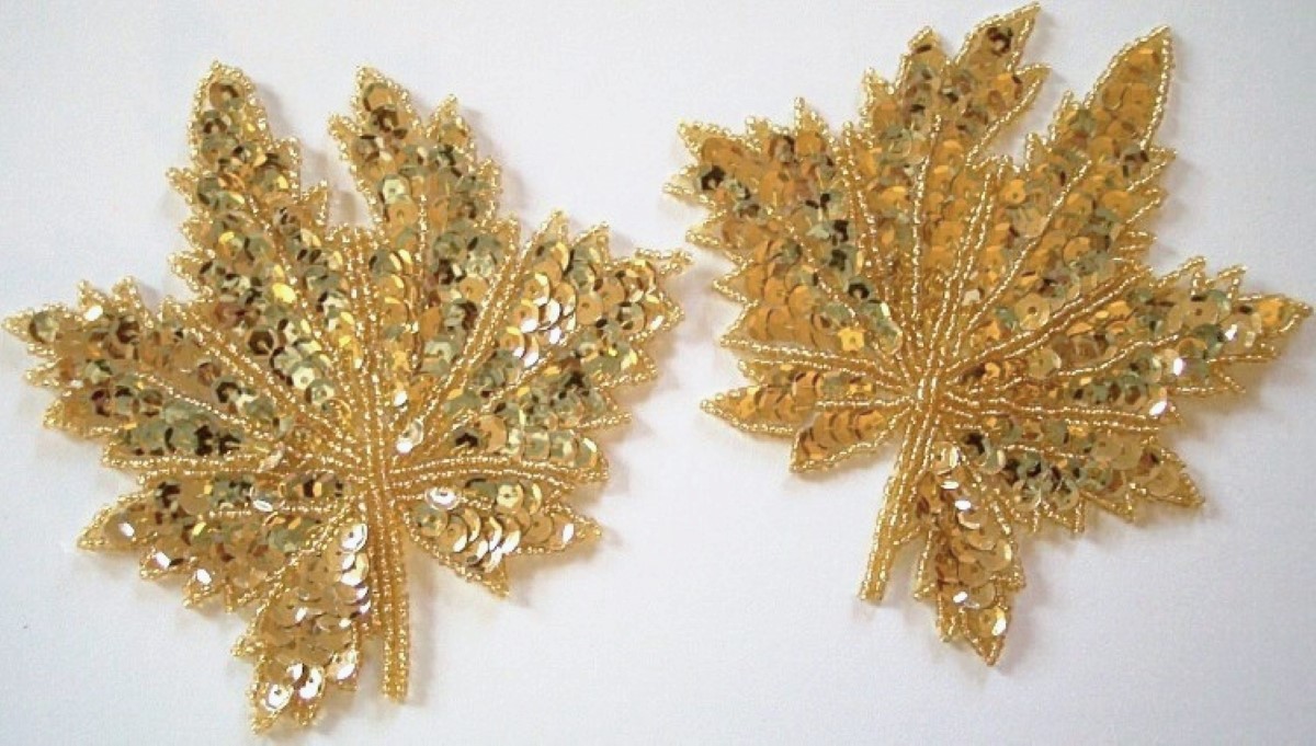 Gold Sequin/Bead 5" Leaf Pair