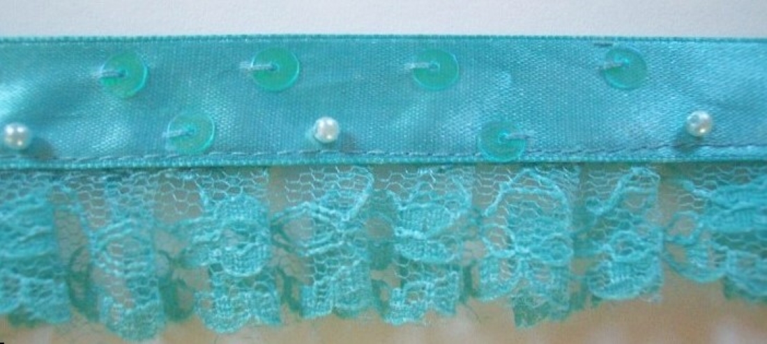 Aqua Satin/Sequin 1 1/4" Pleated Lace