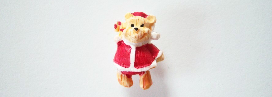 JHB Carved look natural bear in red and white santa suit 3/4" shank back nylon button.