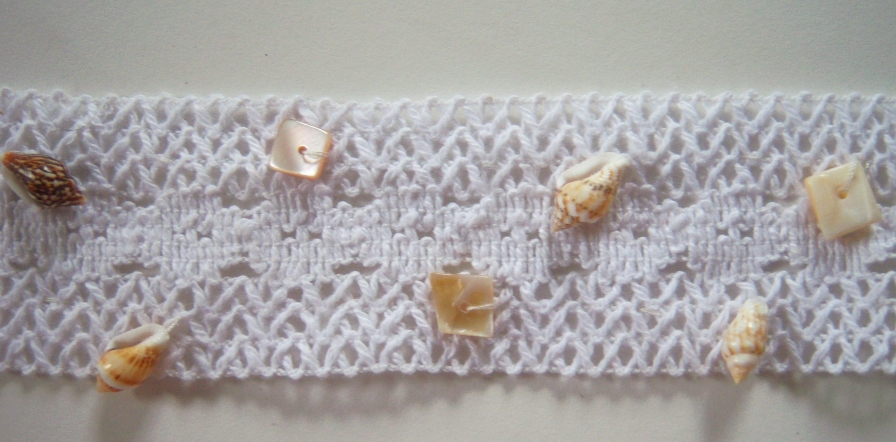 White with Seashells 1 5/8" Cotton Cluny