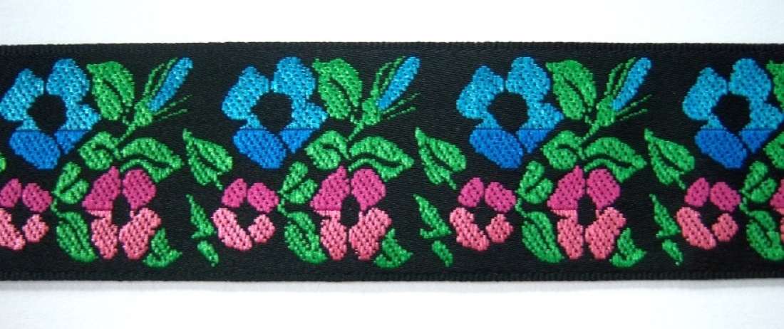 Black/Turquoise/Pink Floral 1 5/16" Jacquard