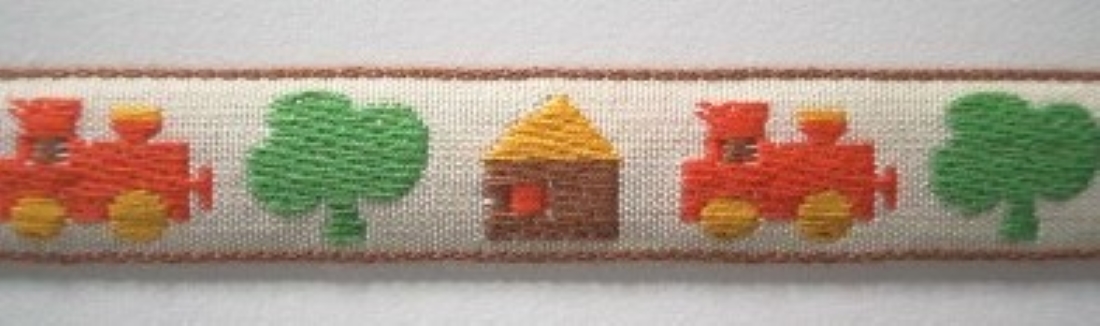 Brown/Orange Houses/Trains 3/4" Jacquard