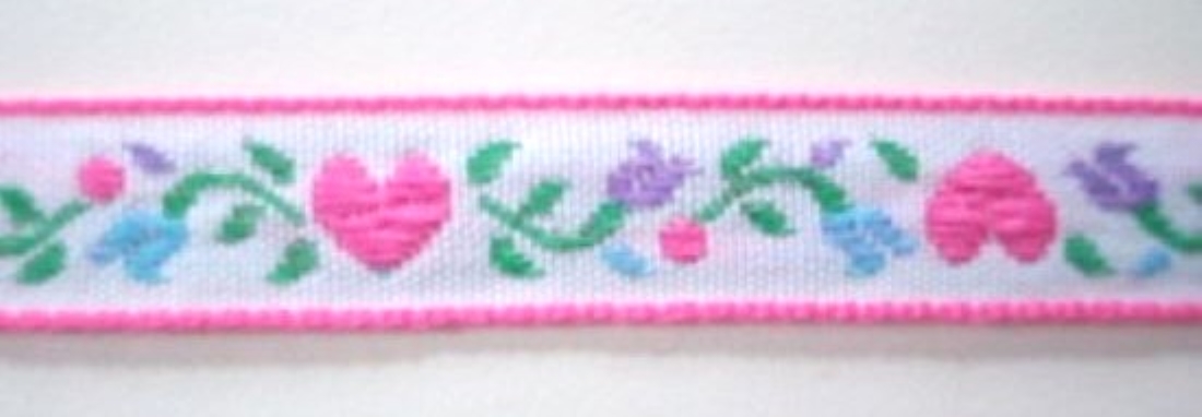 White/Hot Pink Hearts 1/2" Jacquard