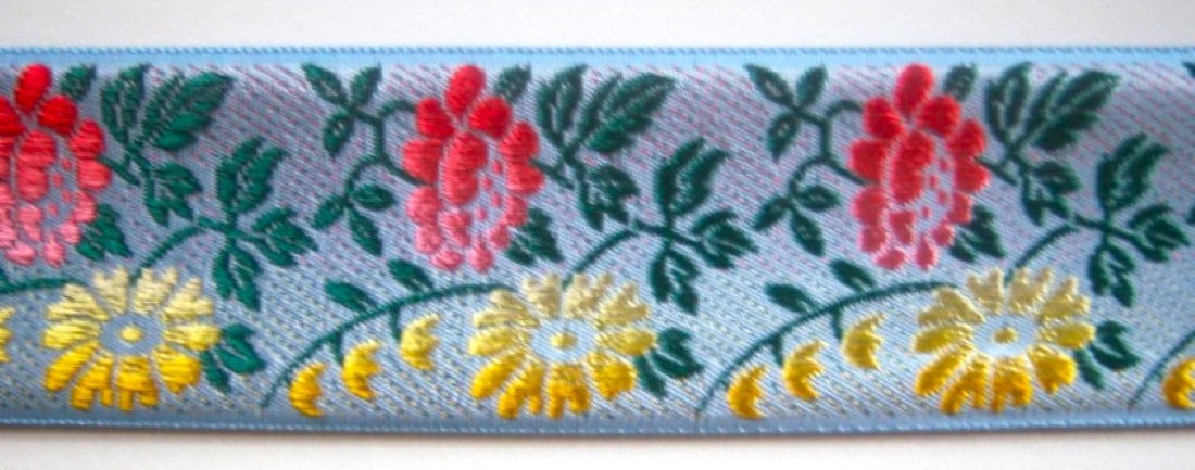 Sky Blue/Coral/Gold Floral 1 3/8" Jacquard