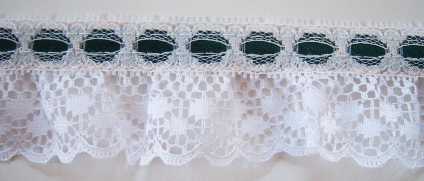 Dark Green Satin/White 1 3/4" Ruffled Lace