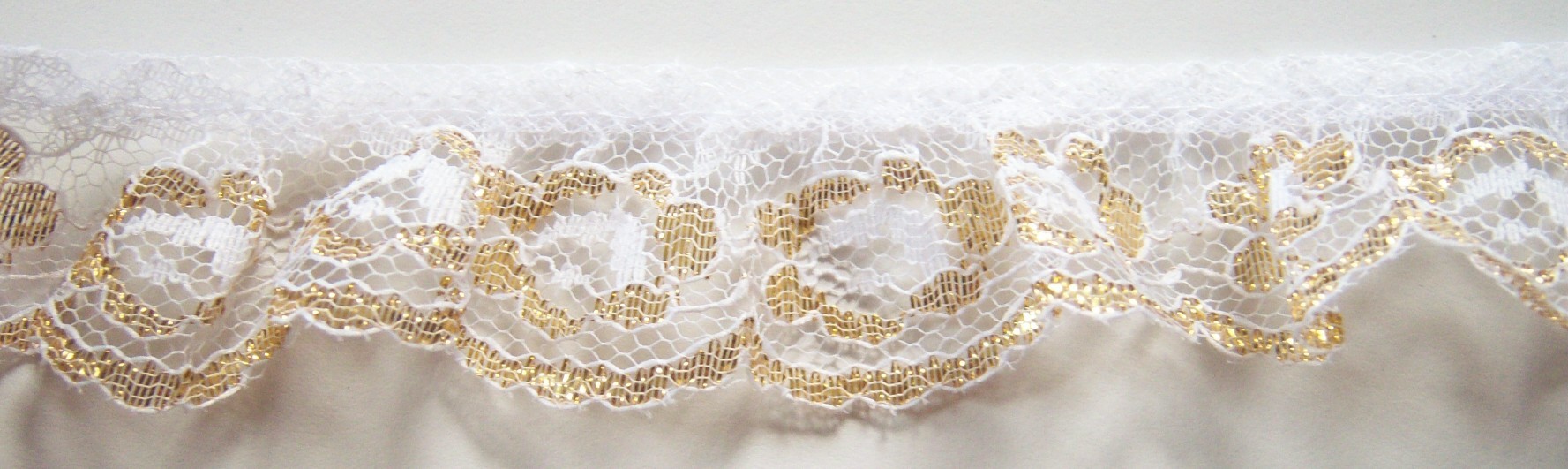 White/Gold Floral 1 1/4" Gathered Lace