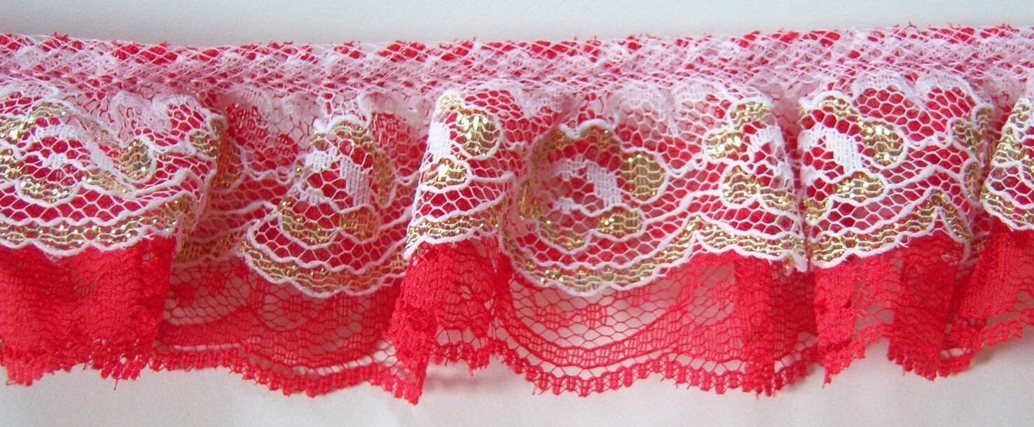 White/Gold/Red 1 7/8" Gathered Lace