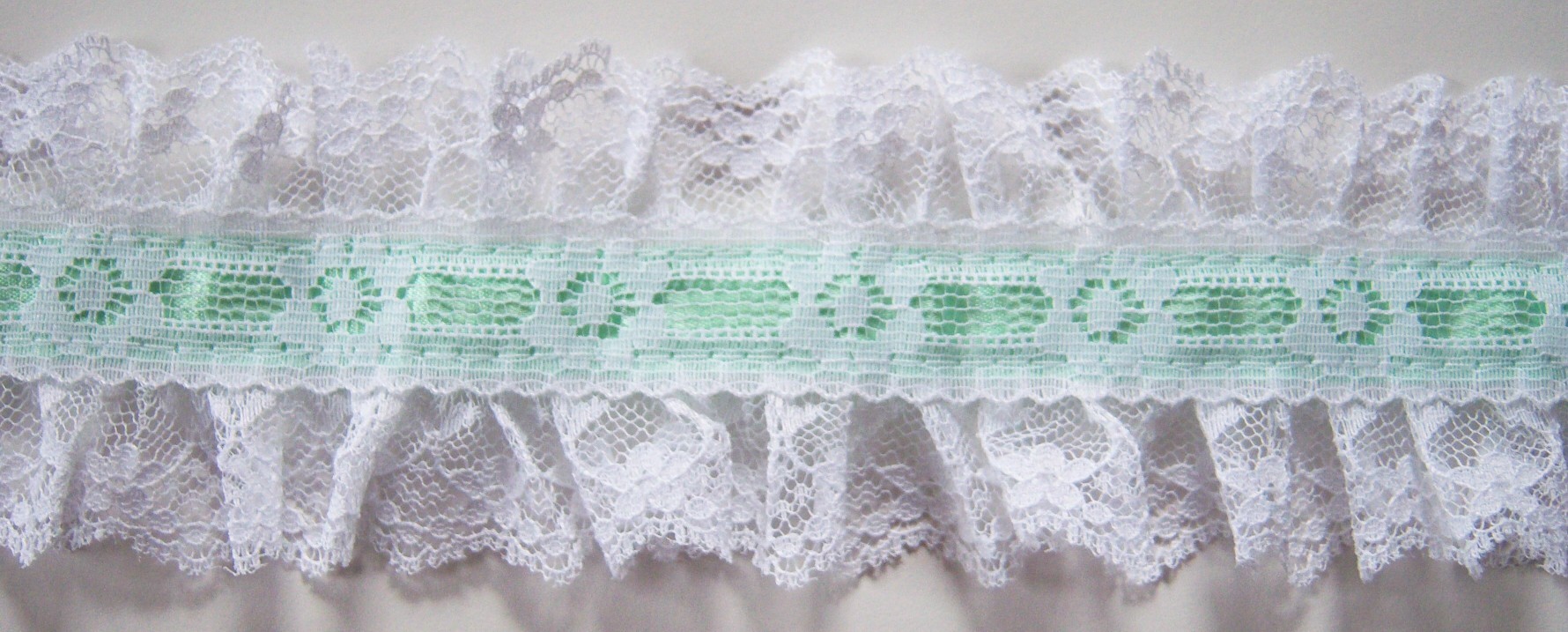 White/Celadon Satin 2 3/8" Ruffled Lace