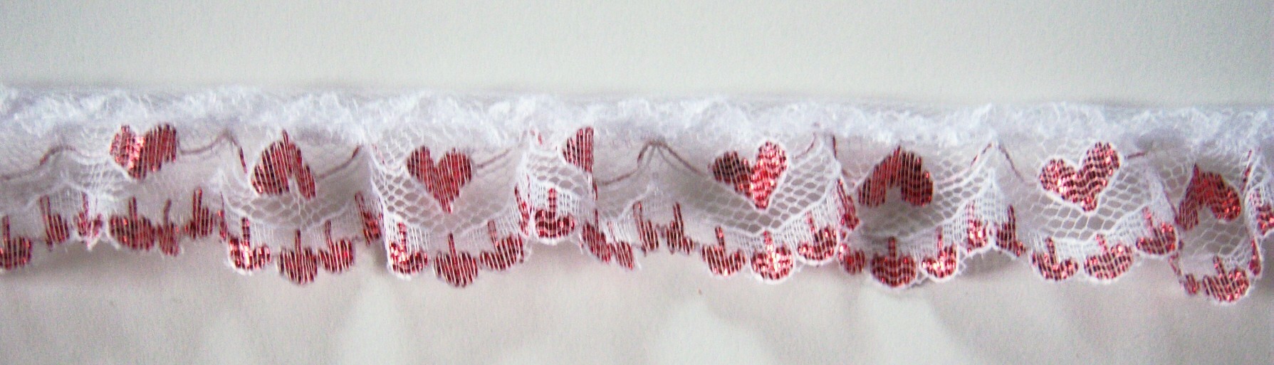 White/Metallic Red Hearts 1" Gathered Lace