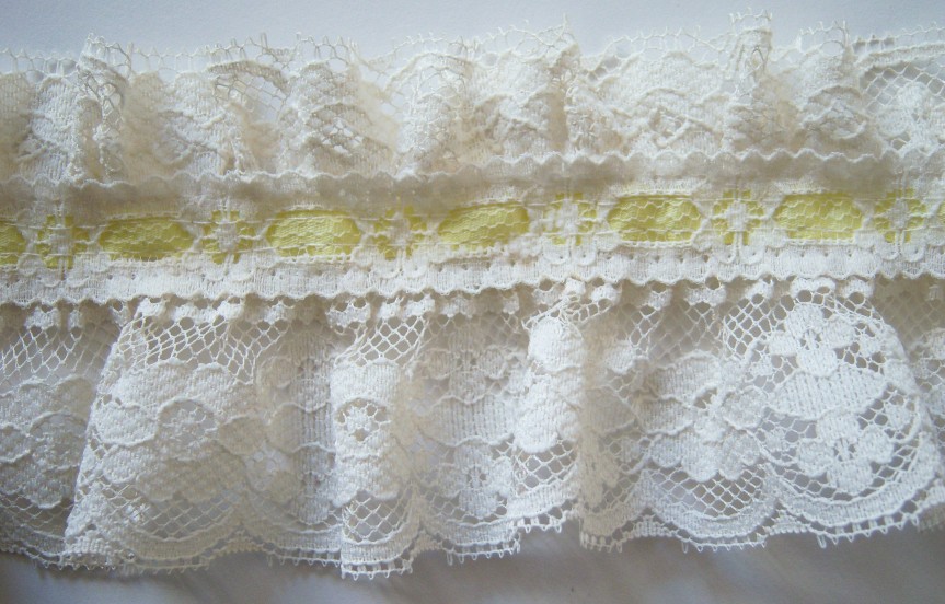 Yellow Satin/Off White Ruffled 3 1/2" Lace