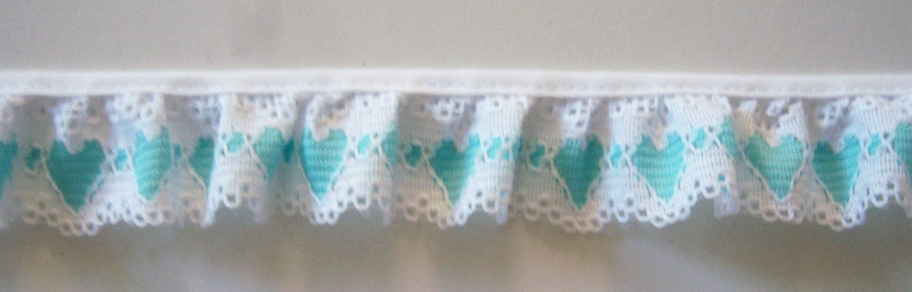 White/Aqua Hearts 1" Ruffled Lace