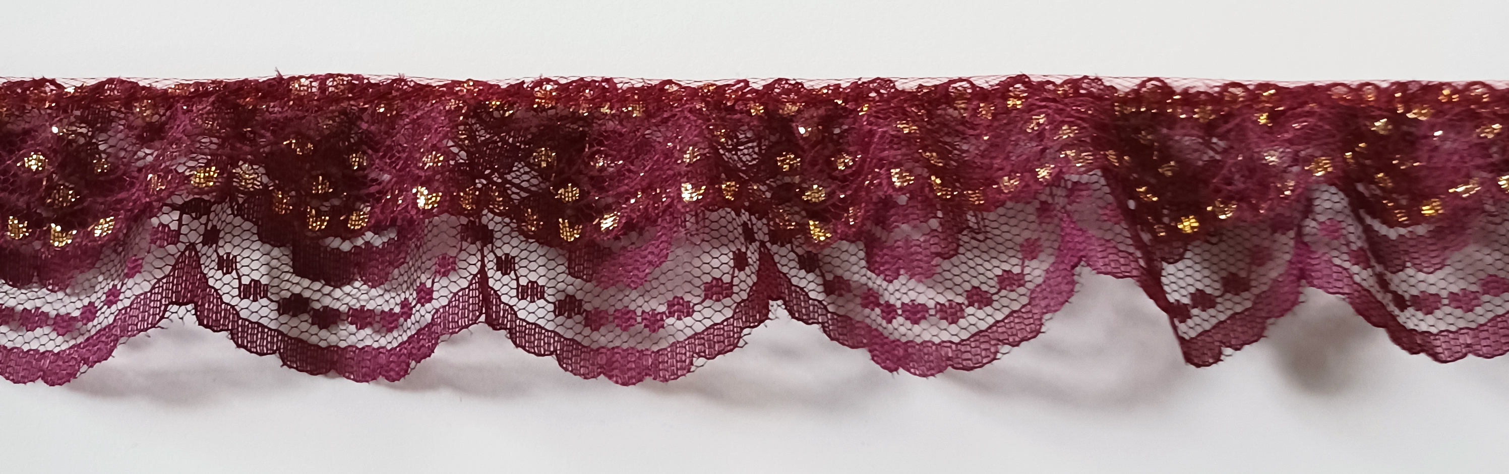 Burgundy/Gold Metallic Gathered Lace