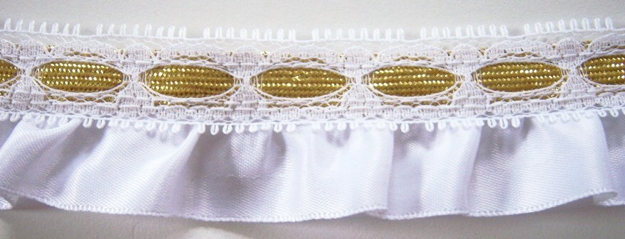 White Satin Ribbon/Gold 1 1/4" Gathered