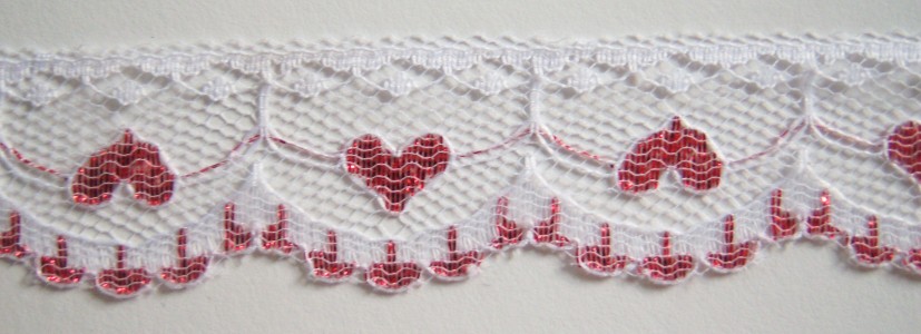 White/Red Metallic Hearts 1" Lace