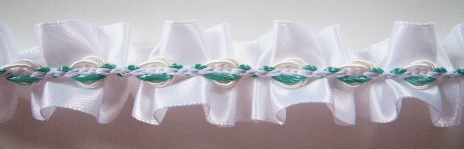 White 1" Satin Ribbon/Mint Rosebraid