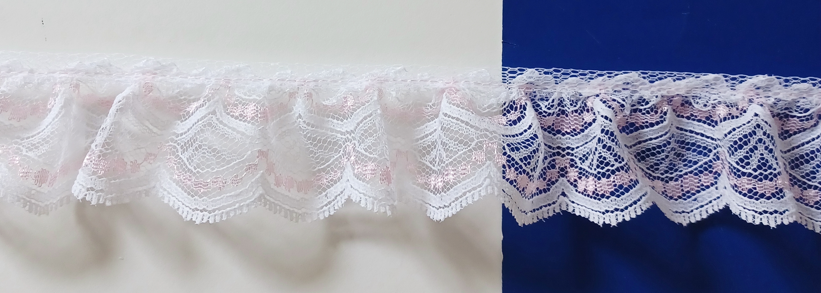 White/Shiny Pink 1 3/4" Ruffled Lace