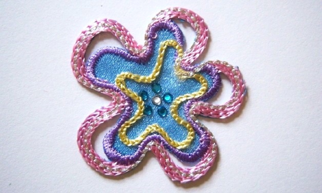 Pink/Blue Rhinestone Flower Iron On Applique