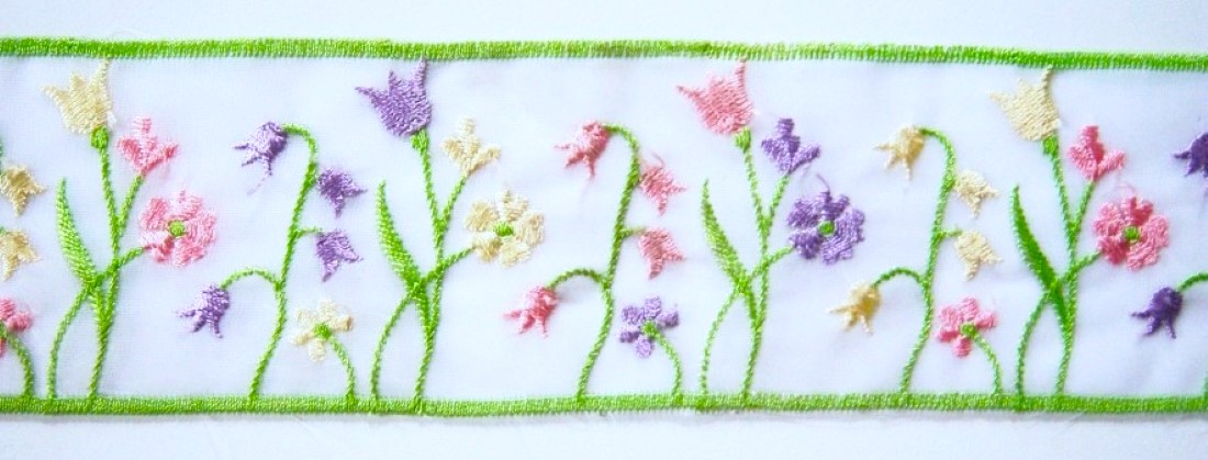 Lime Tulips Embroidered 2 1/2" Organza