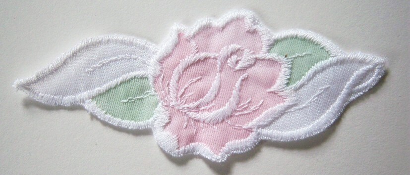 White Satin/Pink Rose/Green Embroidered Applique