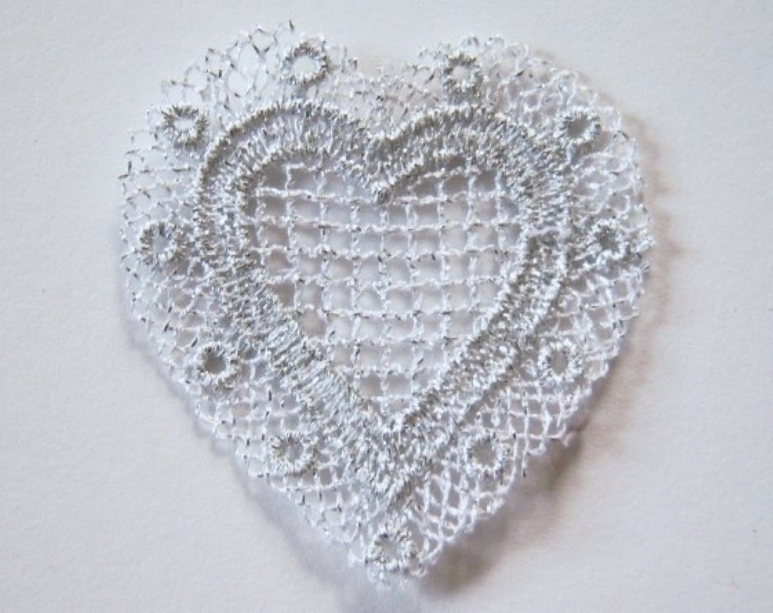 Silver Metallic on White Venise Lace 2" Heart