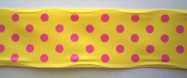 Yellow/Hot Pink Dot 1 1/2" Wired Poly Ribbon