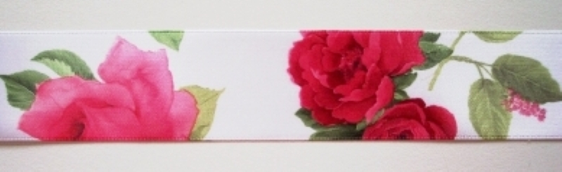 White/Red Roses 1 1/2" Satin Ribbon