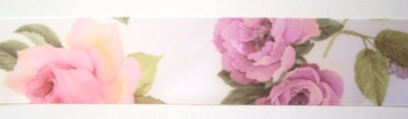 White/Pink Roses 1 1/2" Satin Ribbon