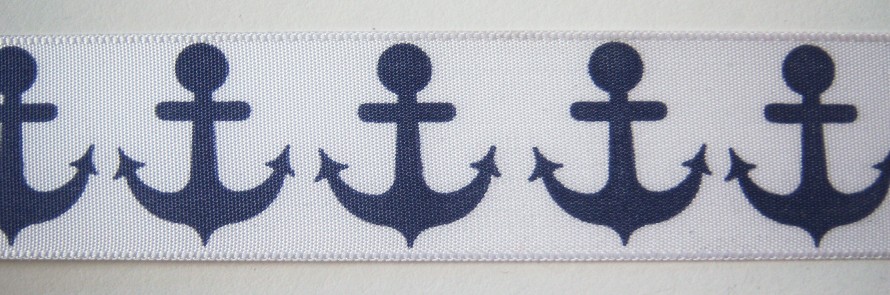 White/Navy Anchor 1" Poly Ribbon